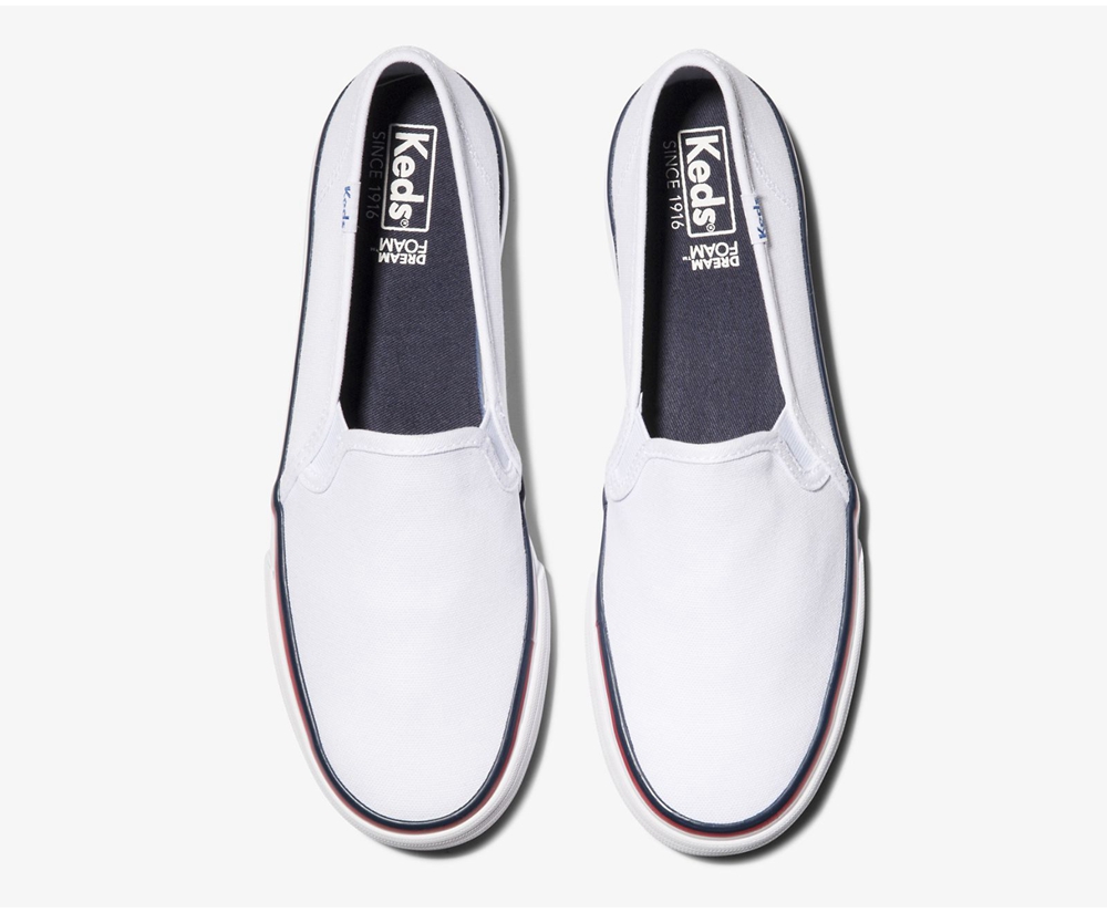 Womens Keds Slip Ons - Washable Double Decker Varsity - White - 7231-ARDNM